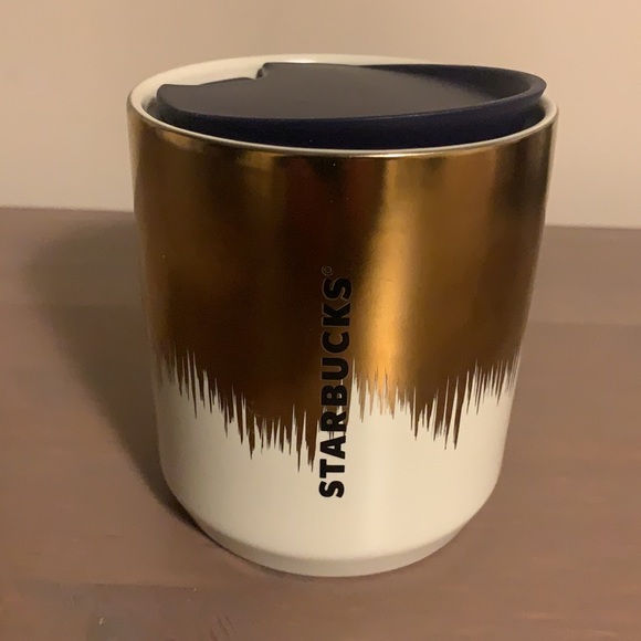 Starbucks Cream and Gold Ceramic To Go Mug with Plastic Lid - Picture 2 of 10